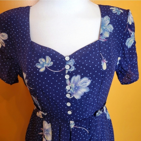Vintage 80s/90s Jonathan Martin Blue Polka Dot Floral Maxi Dress Button Down - Picture 2 of 15
